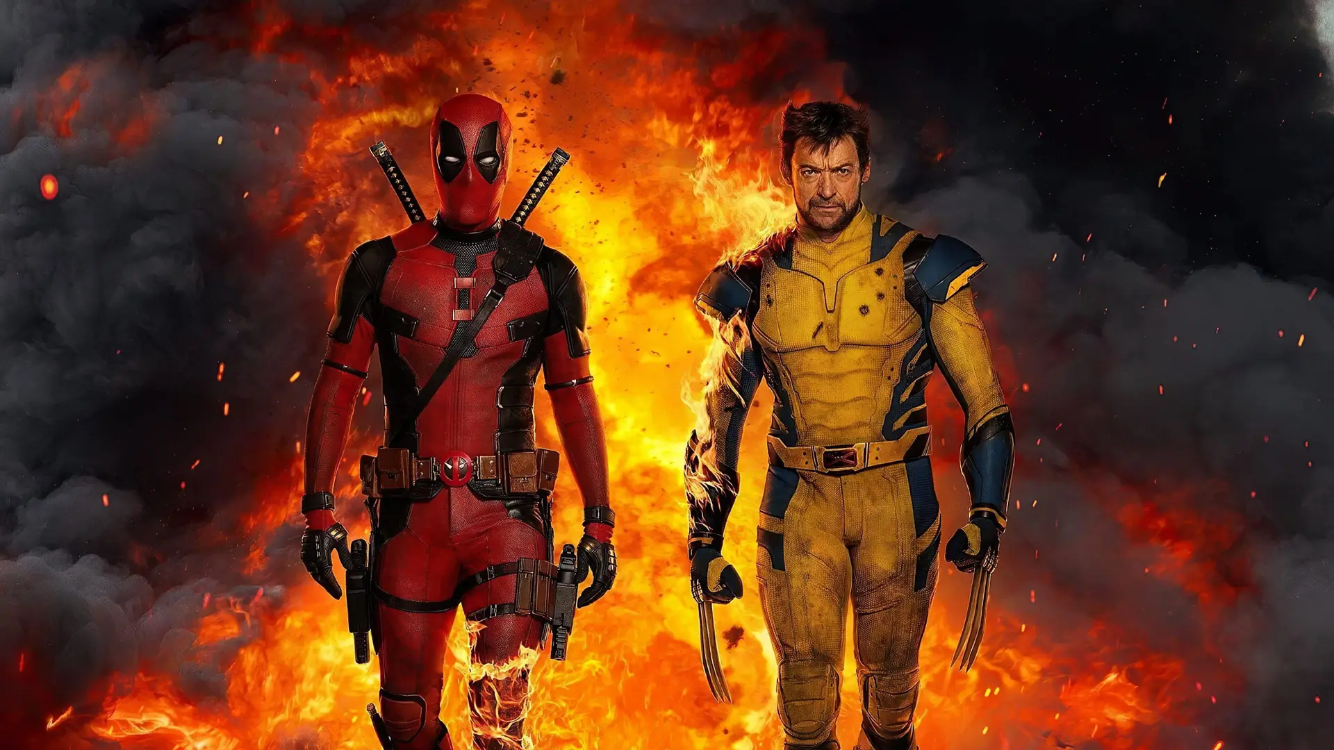 Superhéroes protagonistas de Deadpool y Lobezno saliendo de entre las llamas.